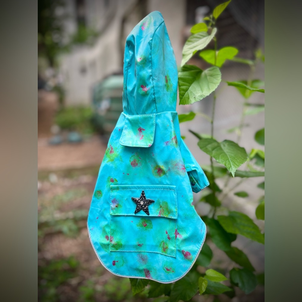 Hand painted shabby chic raincoat with rhinestone star